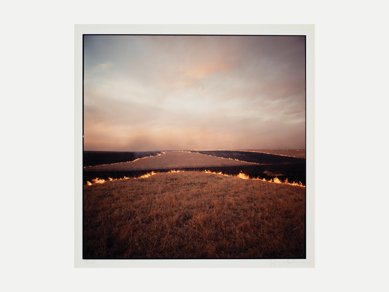 Burning grass fields under a soft, cloudy sky during dusk.